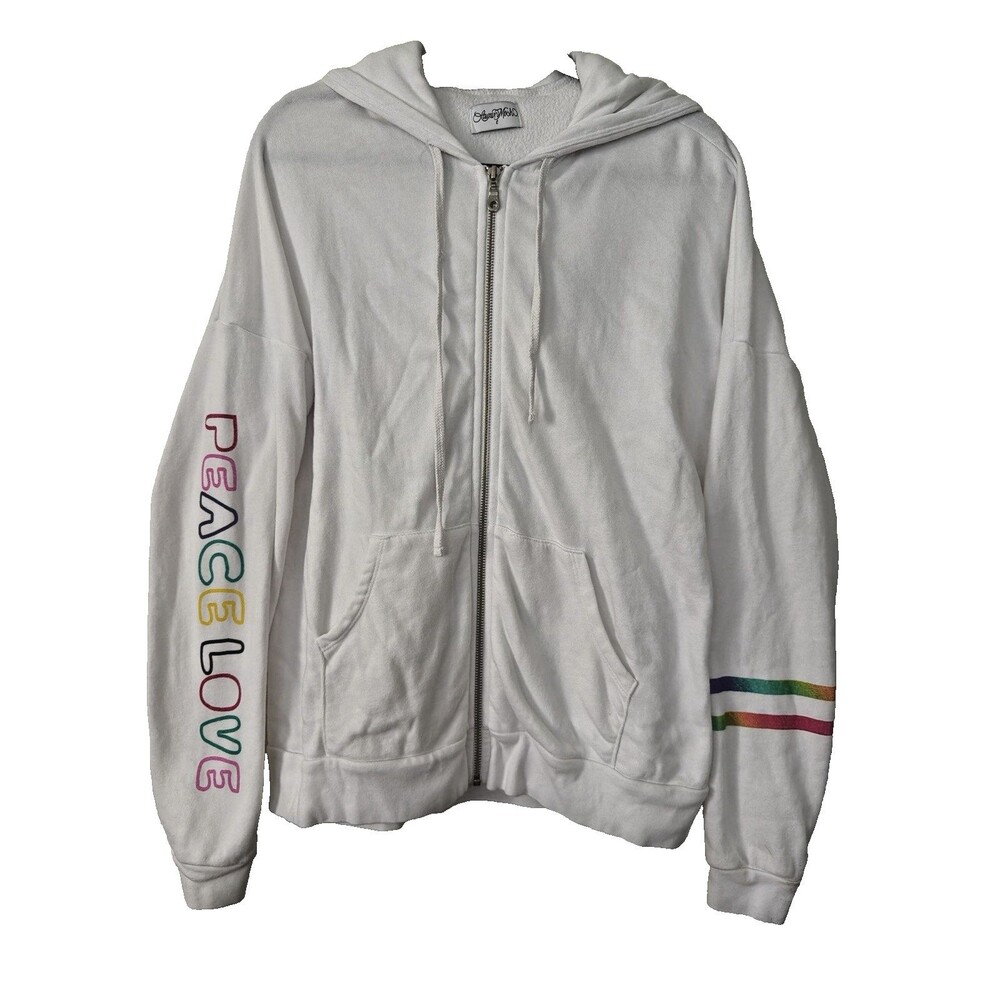 Lauren Moshi Women White Cotton Hoodie Skull Peace Love Graphic Zip Size Large - Picture 3 of 10